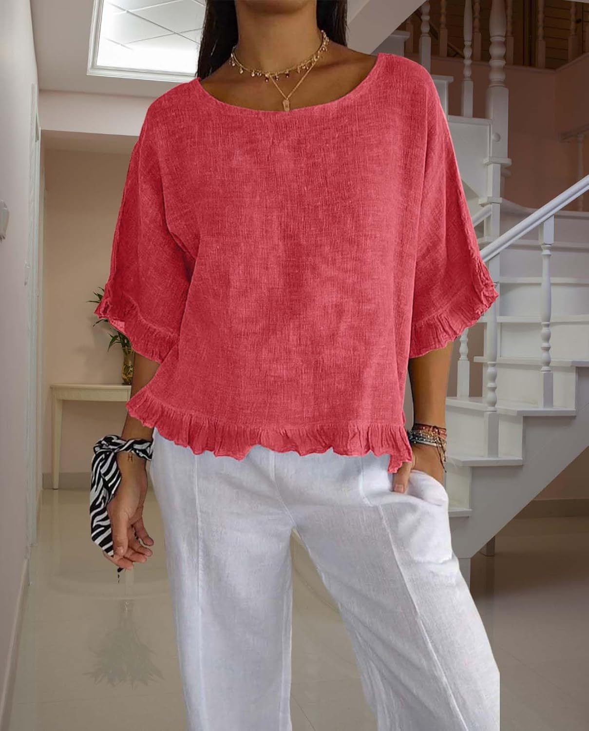 Womens Flowy Edge Casual Tops Summer Short Sleeve Loose Fit Shirts Simple Round Neck Baggy Solid Color Blouses - Image 5