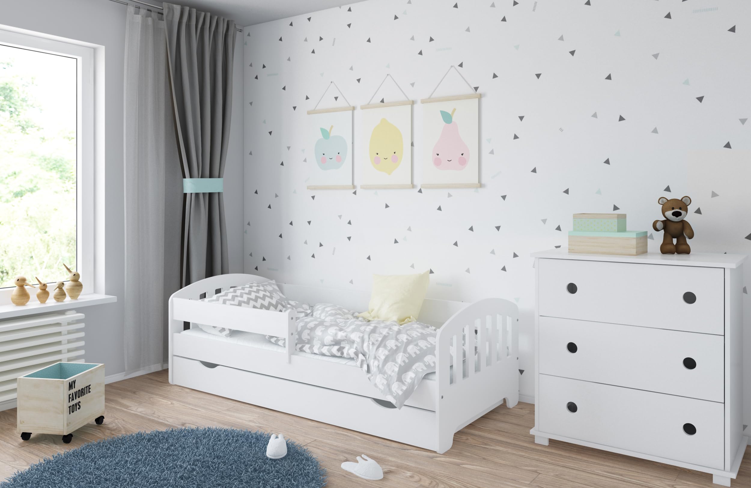 Kids Collective Kinderbett 80x160 | 80x180 | 90x200 cm mit Schublade, Rausfallschutz & Lattenrost in weiß 90x200 cm Mädchen Jungen Bett | von 4. bis 18. Lebensjahr