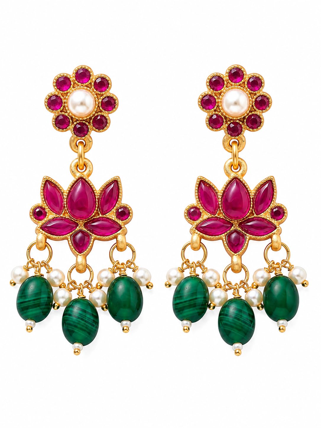 Earrings Fuchsia Pink Lotus Flower Drop Earrings, Gold Toned with Green Bead & Pearl Accents, Indian Ethnic Statement Earrings for Women, Wedding Festive-image-33