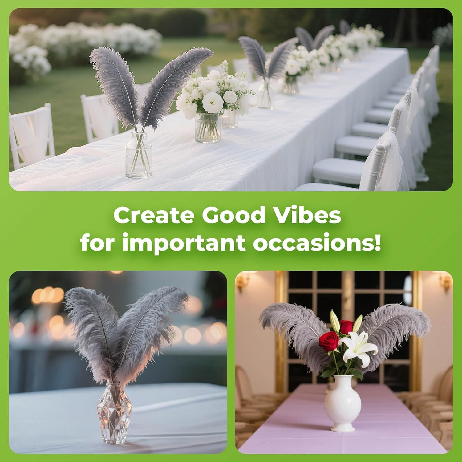 Piokio 40pcs Natural Grey Ostrich Feathers 10-12 inch (25-30cm) Bulk Feathers for Wedding Party Centerpieces, Home Decoration and DIY Clothing, Gatsby Decorations