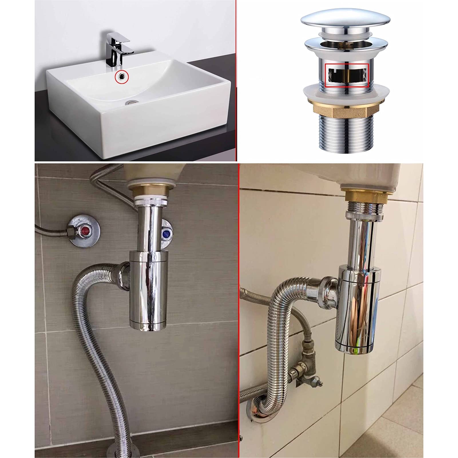 AnSafe Tubo De Desagüe del Fregadero, Cobre Colador Antiolor Y Antibloqueo. Agujero De Desbordamiento Altura Ajustable Flexible Fila De Pared Fila De Tierra Fácil Instalación (tamaño : 30CM)