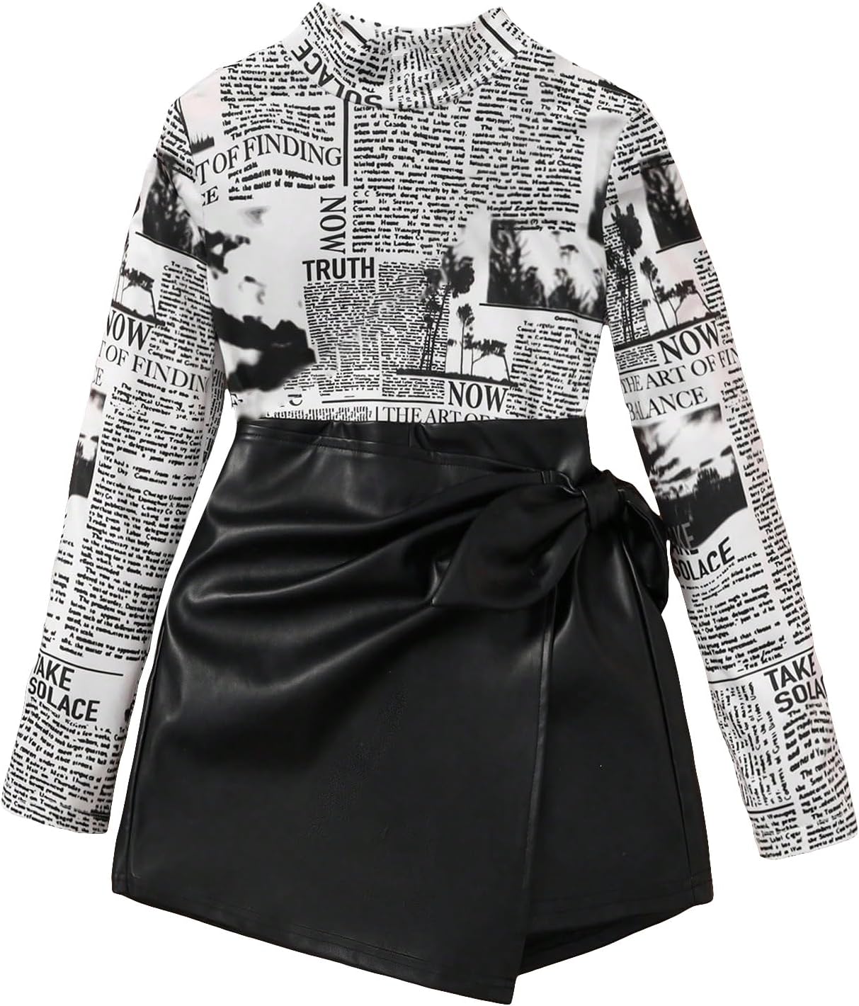 SHENHE Girl's Graphic Long Sleeve Mock Neck Tee and PU Leather Wrap Skort Shorts 2 Piece Set