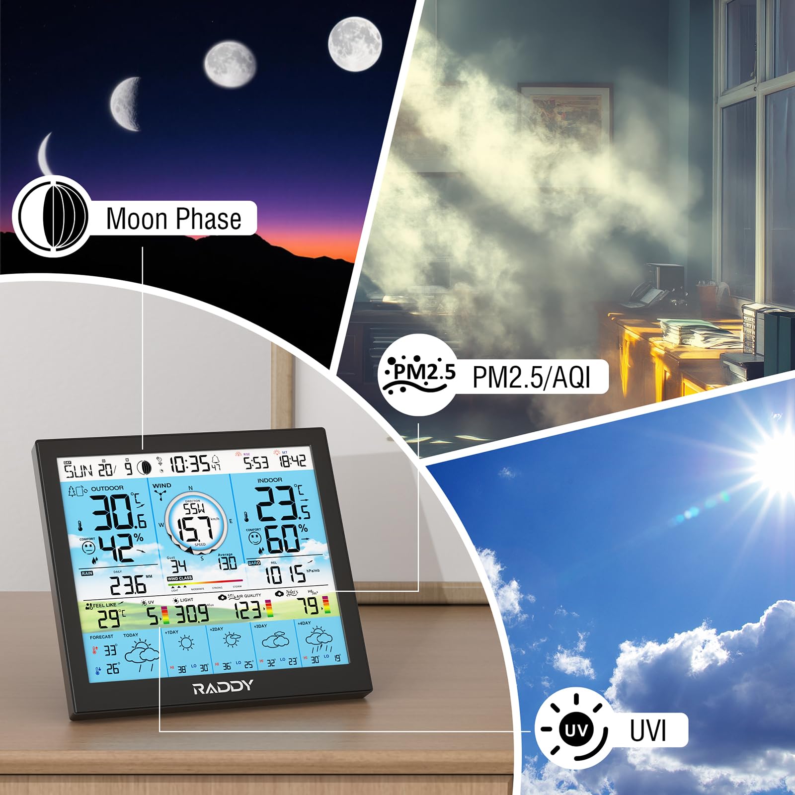 Raddy WF-120P Stazione meteorologica Wi-Fi professionale 10″ display colori HTN PM2.5 sensore esterno 7-in-1