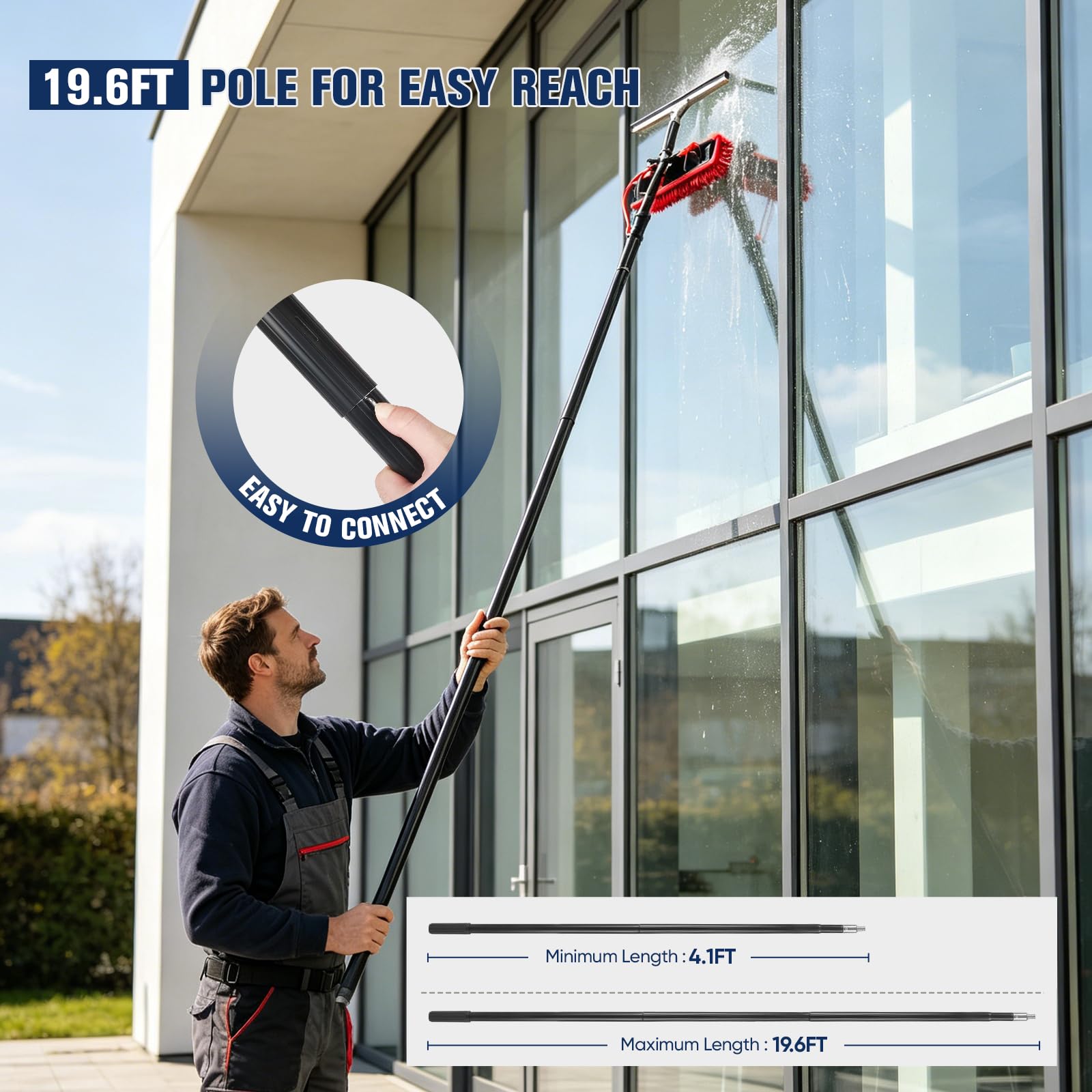 Teleskop Waschbürste mit Wasseranschluss 6m, Terrassendach-Reiniger, 180° verstellbare Photovoltaik Waschbürste, Komplettset mit Aufbewahrungstasche für PV Anlagen, Fenster, Wohnmobil & Dach