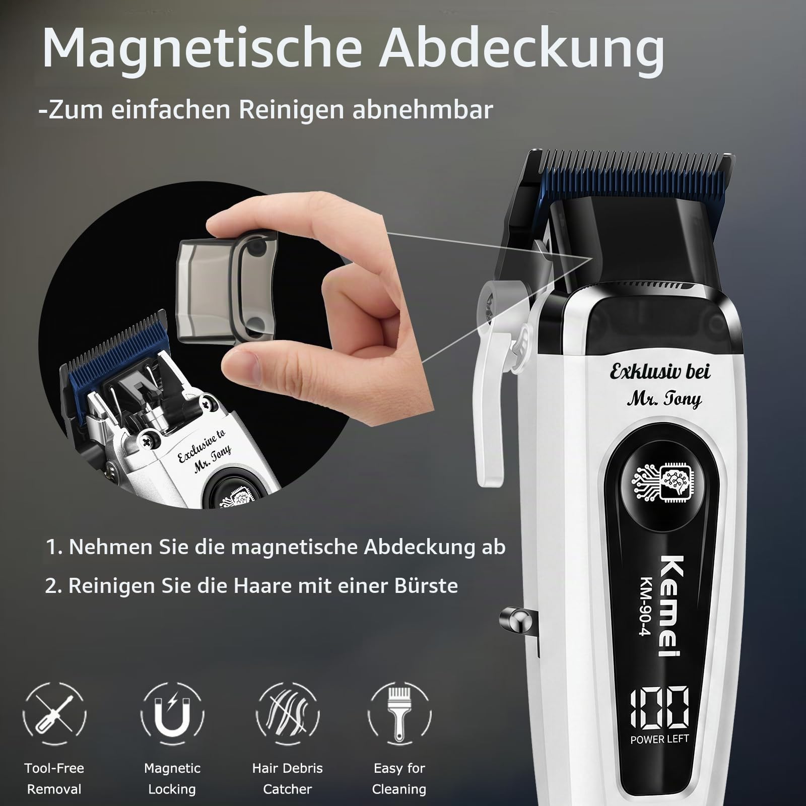 KEMEI 90-4Elektrischer Haarschneider MÄNNER, Haarschneidemaschine Profi | Bürstenlosem 11500 RPM Motor, DLC-Klinge & 8 Aufsteckkämmen, LED-Display & Ladestation-Perfekt für Anfänger & Profis(Weiß)