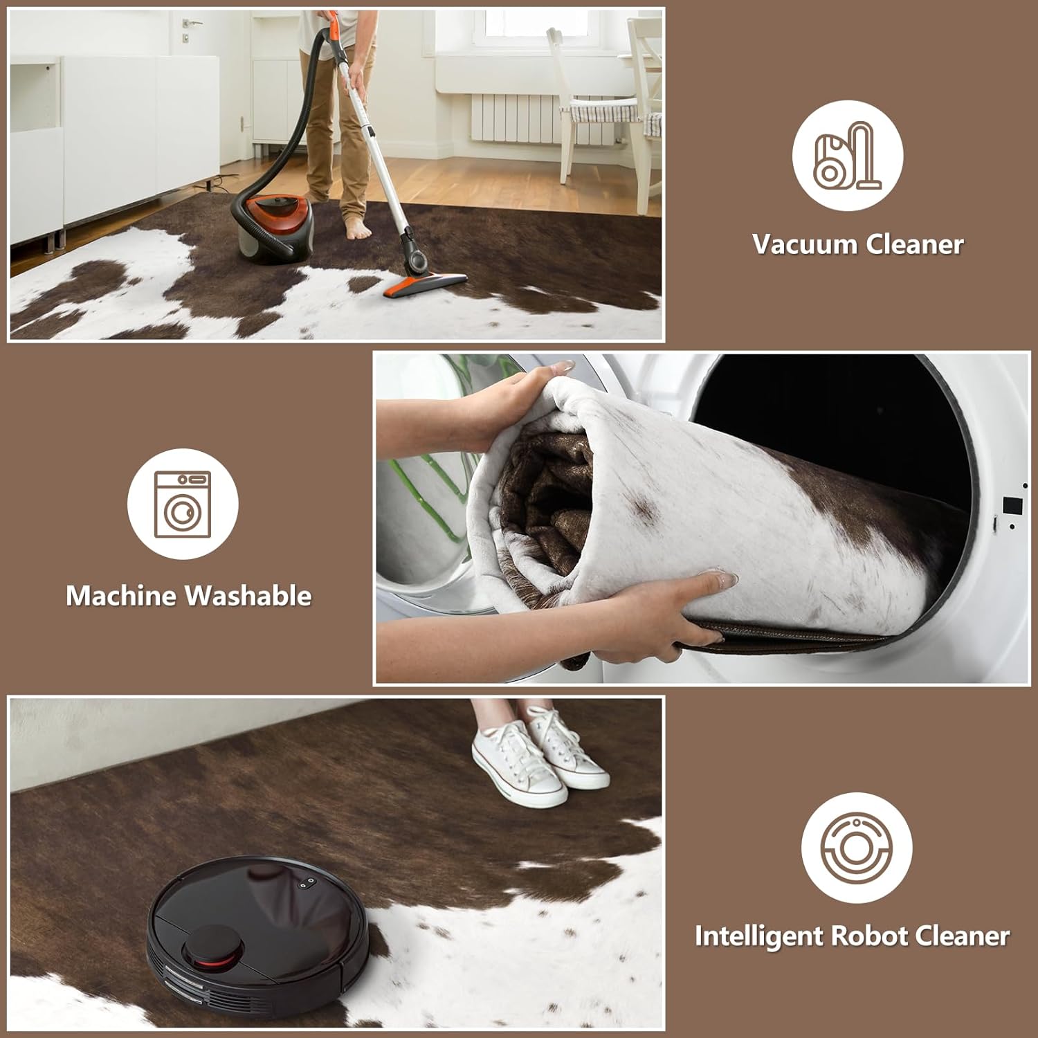 DweIke Cowhide Print Washable Area Rugs 6x9, Soft Animal Pattern Large Rug for Living Room Bedroom, Non-Slip and Stain Resistant Throw Carpet for Dining Room Office Western Home Decor, Brown - Image 5