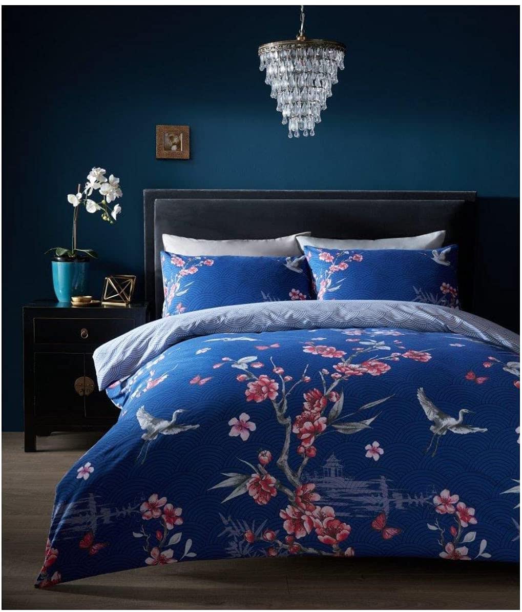 Gc Gaveno Cavailia Akari-Navy Birds King Size Bed Cover Set, Polycotton Reversible Geometric 1X Duvet Covers Bed Set, Blossom Quilt Cover Set With 2X Pillow Cases, Navy