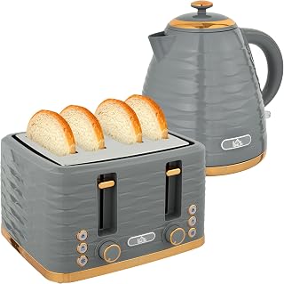 HOMCOM Breakfast Set with Kettle 1.7L 4 Slices Toaster 2200W 7 Levels of Roasting Heating and Defrosting Crumb Tray Otter Thermostat Grey
