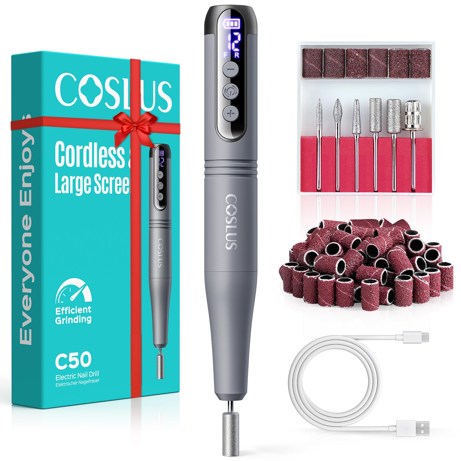 COSLUS C50 Nagelfräser Kabellose Elektrische Nagelfeile: 12-stufiger Nagelfräser mit LED-Display für Gelnägel, Acryl-Gel-Dip-Pulver-Entfernung, Nageldesign-Übung, Heim-DIY & Reisenutzung,Dunkelgrau