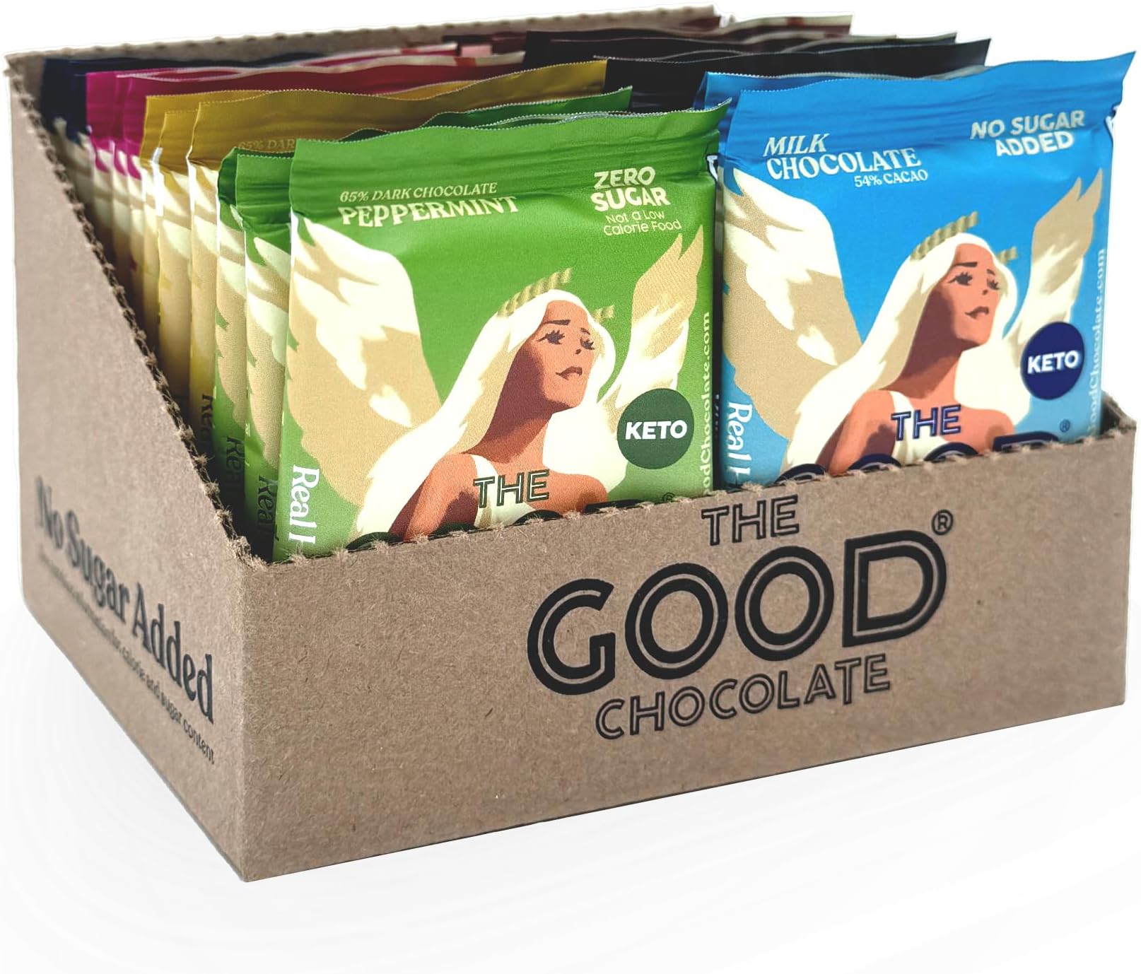 The Good Chocolate - Keto Chocolate Variety Pack, Zero Sugar, Lower Net Carb Snack, Lower Calorie Chocolate Candy Variety Pack, 6 Flavors, 24 Square Family Pack