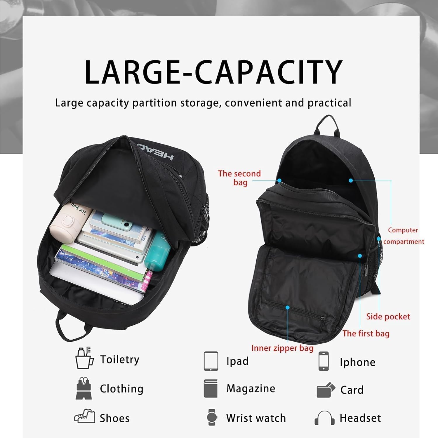 HEAD 30L Waterproof Travel Backpack for Men, Lightweight Laptop Backpack Fits 15.6 inch Notebook,Casual Daypack Backpack for College/Sport/Workout/Outdoor/Daily Use
