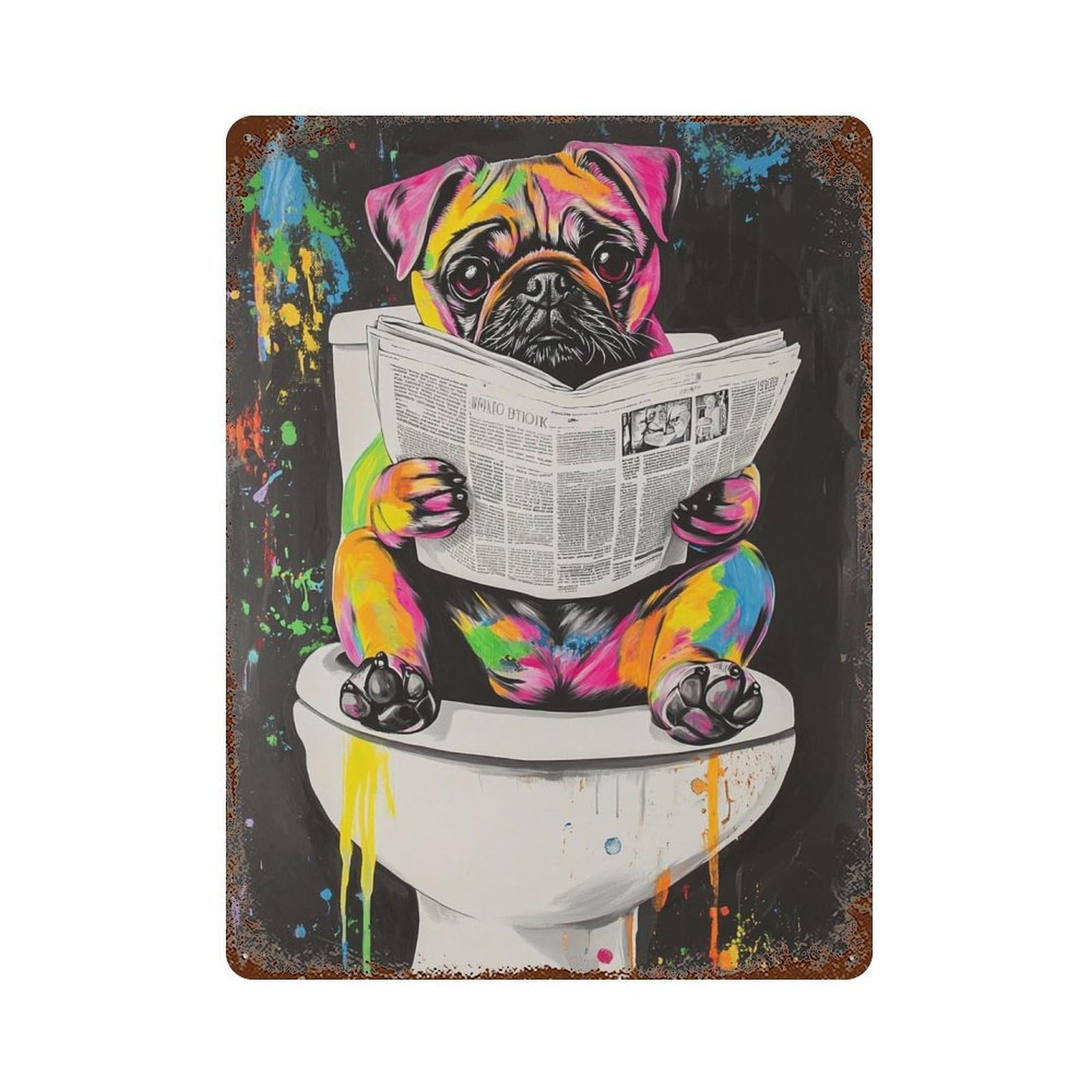 Rust Effect Colorful Pug Reading Newspaper on Toilet Rusty Metal Tin Sign 15.7"x11.8", Decorative Metal Wall Art for Farmhouse, Kitchen And Entryway Decor