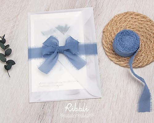Miniatura 55 de Ribbli Cinta de gasa azul bebé de 1 pulgada x 20 yardas hecha a mano con flecos de seda, cinta azul para envolver regalos, invitaciones de boda