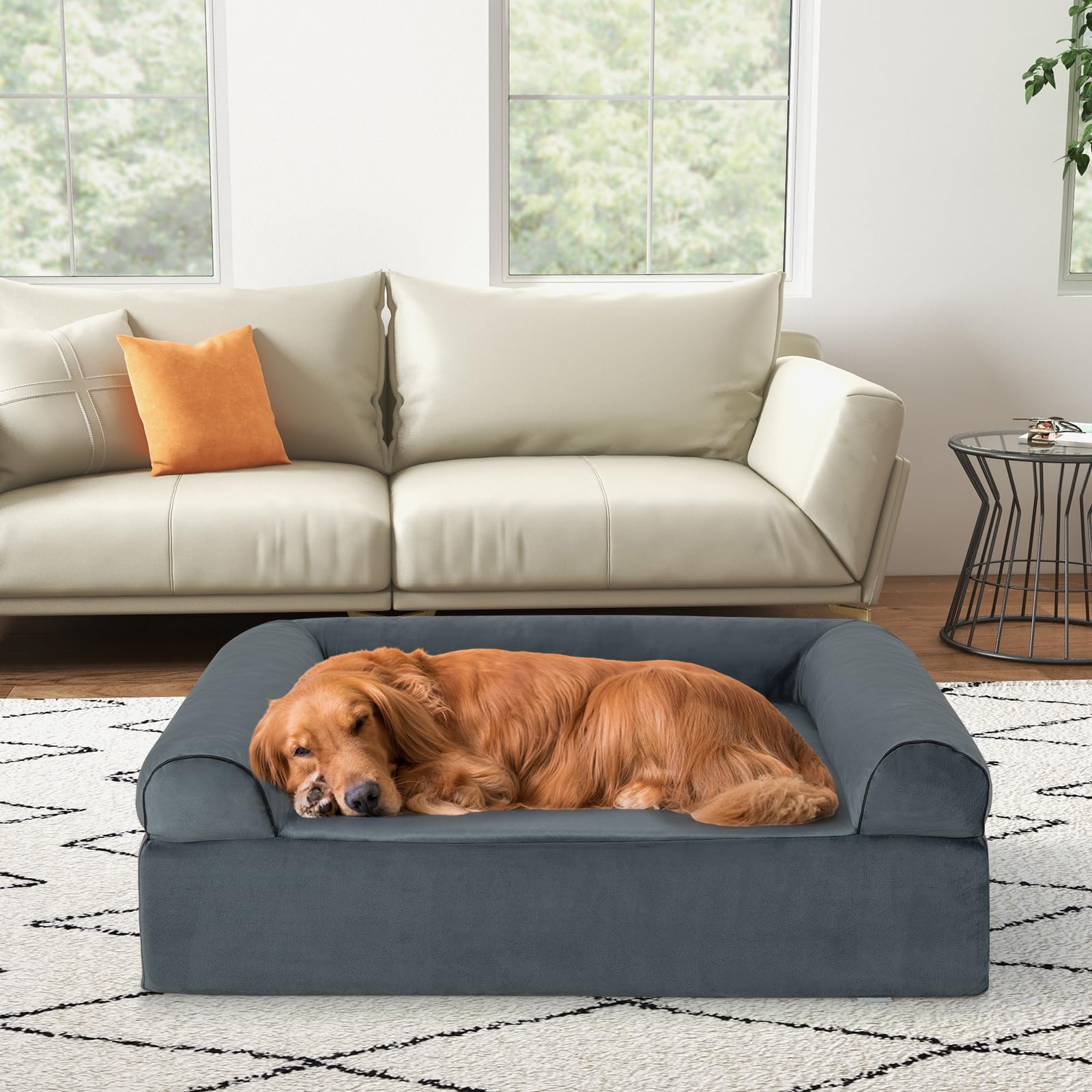 GOPLUS Cama Ortopédica para Perros Grandes, Cama de Espuma Viscoelástica con Reposacabezas Extraíbles, Funda Desmontable Lavable, Sofá de Gel Refrescante con Base Antideslizante para Mascotas, Gris