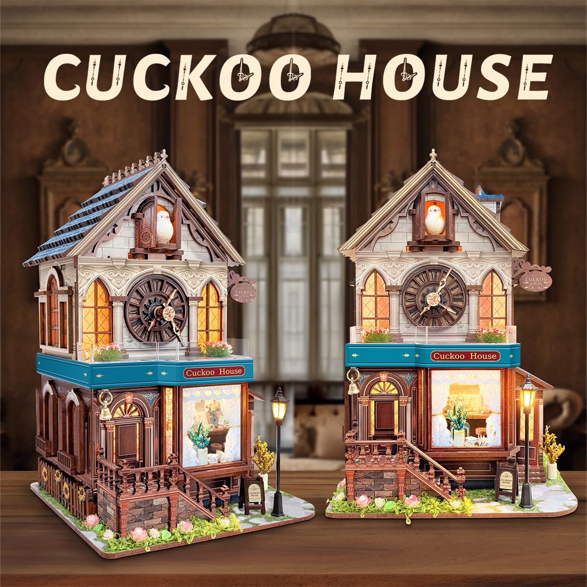 Puzzle in legno 3D, kit per orologio a cucù in miniatura, set di costruzione in legno per adulti e adolescenti, kit mini modello con interruttore tattile a 3 modalità - Casa
