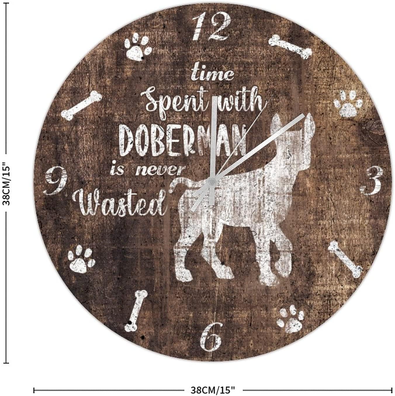 Funny Dog Motto Hanging Clock 15in Brown Wood Grain Wooden Clock Silent Non-Ticking Marine Style Housewarming Gift Mid Century Theme Art for Mantel Study Room Restaurant Porch