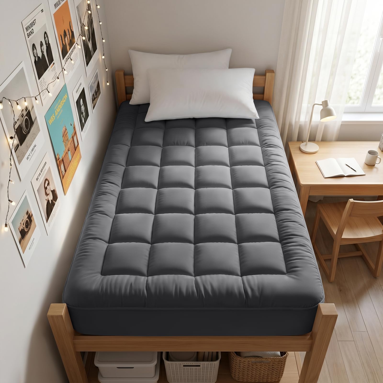 EASELAND Twin XL Mattress Pad Pillow Top Dorm Mattress Topper Dark Grey