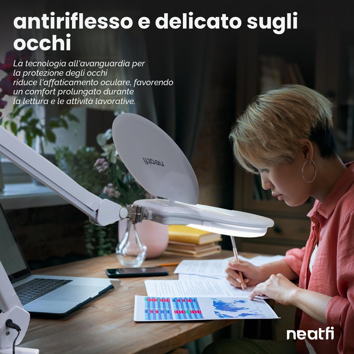 Neatfi Elite XL LED Lampada ingrandente, 3 diottrie con 12 diottrie, dimmerabile, 3 modalità di luce (3000K/4000K/6500K), priva di abbagliamento, braccio regolabile (Bianco, 18 CM Lente in Vetro)