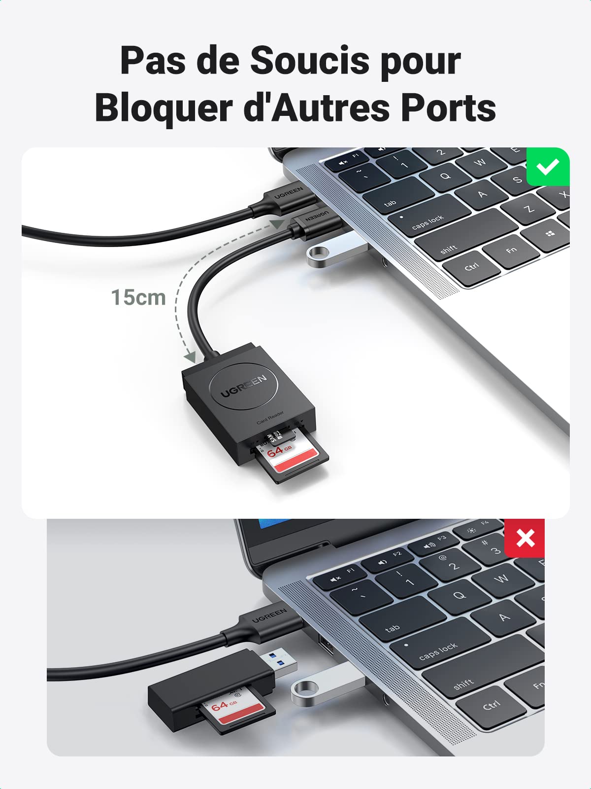 UGREEN Lecteur de Carte SD USB 3.0 5Gbps Transfert Rapide 2 Cartes Max 2To SD Card Reader Micro SDXC SDHC MMC Plug Play Windows MacOS Linux