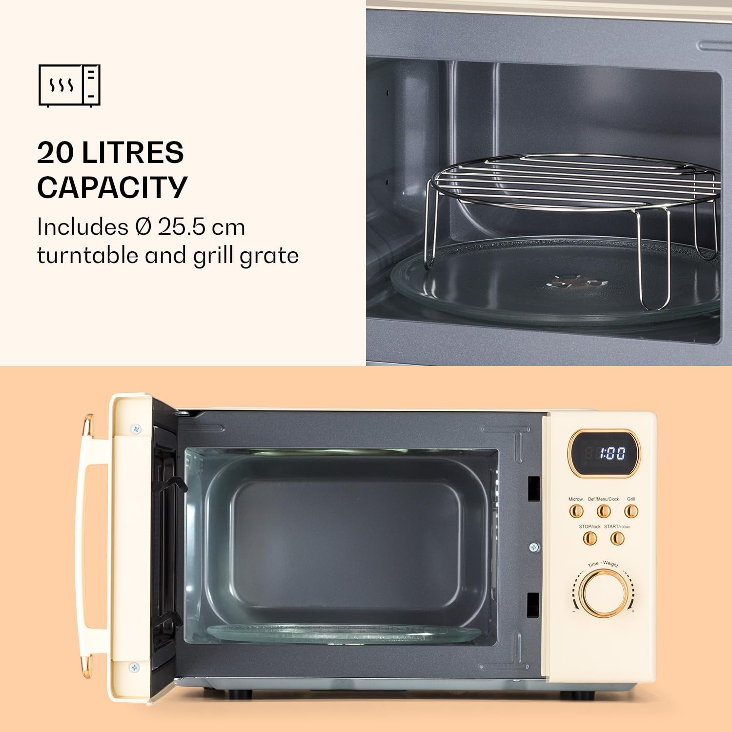 Klarstein Kuchenka mikrofalowa z grillem, Mikrofalówka 3w1 ze stali nierdzewnej, Kremowa, Mała 20-litrowa mikrofalówka z funkcją rozmrażania i pizzy, Talerz obrotowy, Łatwa obsługa