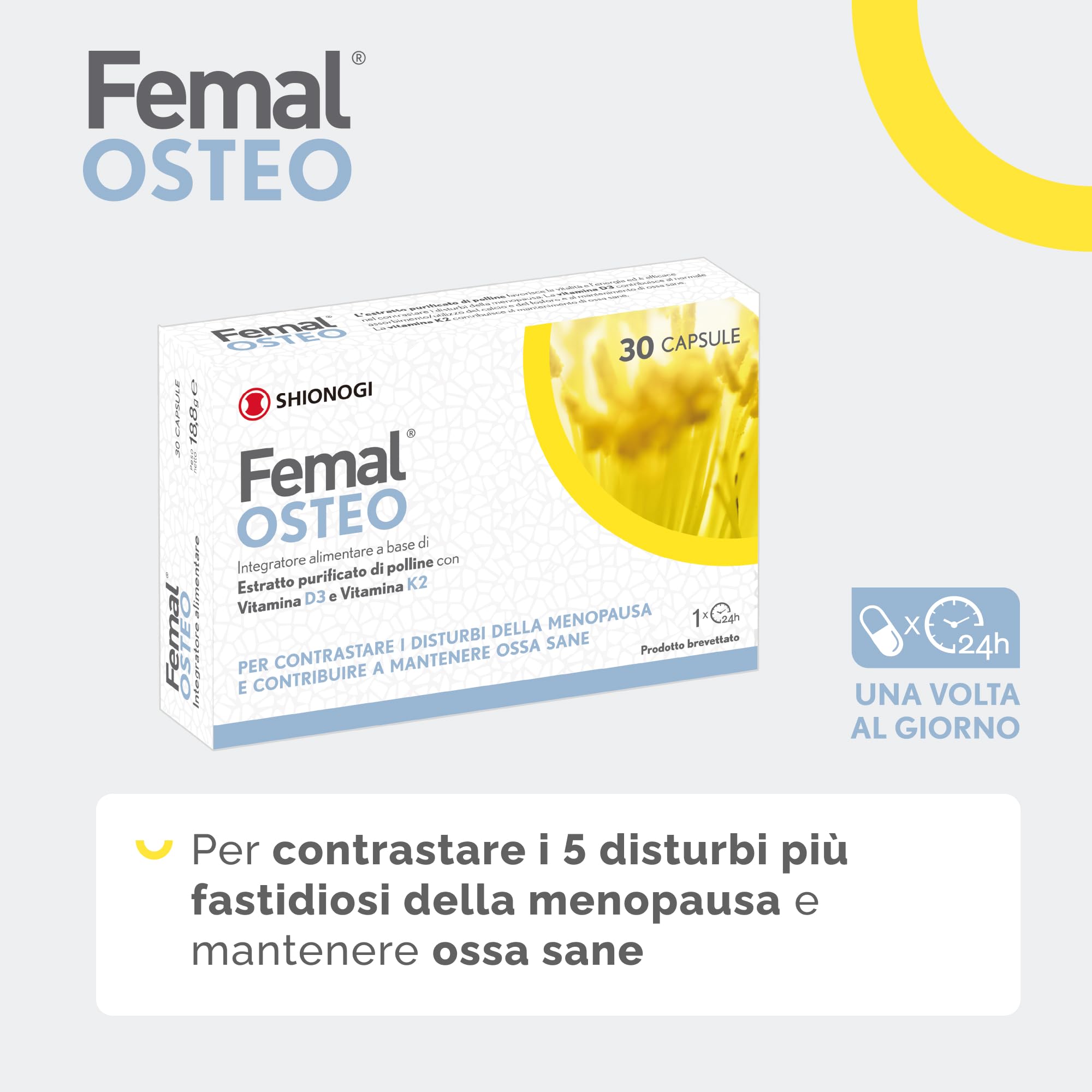 Femal Osteo Menopausa, Integratore Non Ormonale per Ossa Sane 30 Capsule | Integratore Alimentare, Naturale, Non Ormonale per Ossa Sane e Vitalità, Estratto di Polline, Vitamina D3, K2, B6 e E