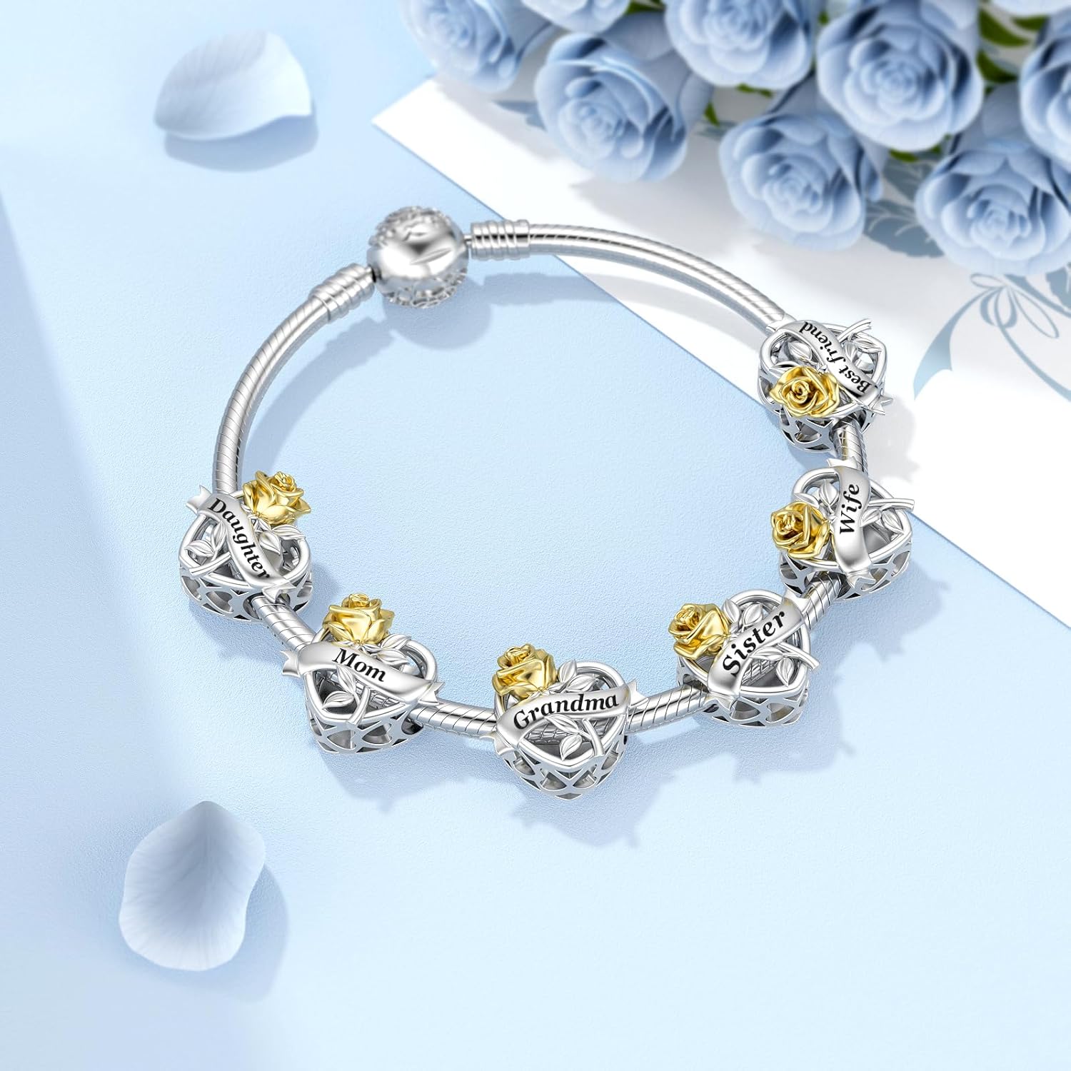 JIAYIQI Mom Grandma Daughter Wife Friend Sister Charm Fit Bracelet with Golden 3D Rose Flower Love Charm Valentines' Day Birthday Mother's Day Christmas Jewelry for Women - Image 6