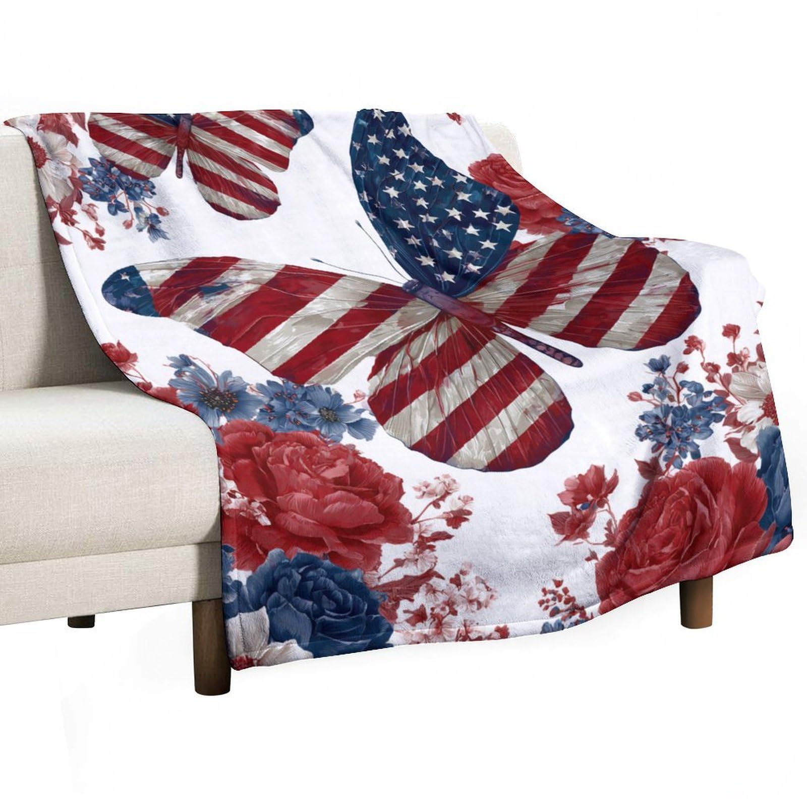 Jubonexis Patriotic Butterfly American Flag Pattern Wings Anti Pilling Throw Blankets Cozy Durable Blanket for Bedroom Living Rooms Couch Sofa Bed 130x150cm(50x60in)