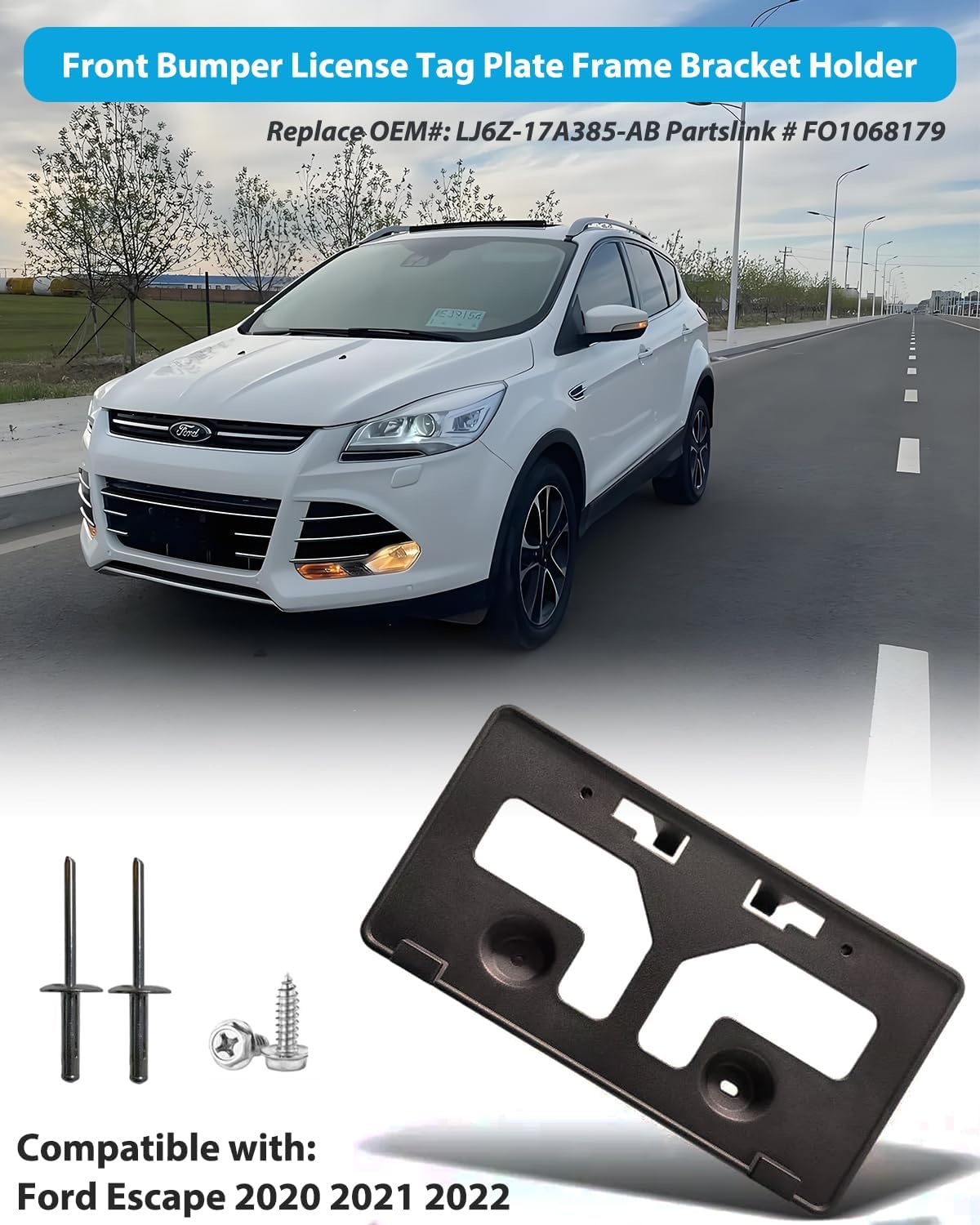 Front License Plate Frame for Ford Escape 2020 2021 2022 Front Bumper License Plate Holder Mounting Bracket Cover Replace # LJ6Z-17A385-AB Partslink # FO1068179