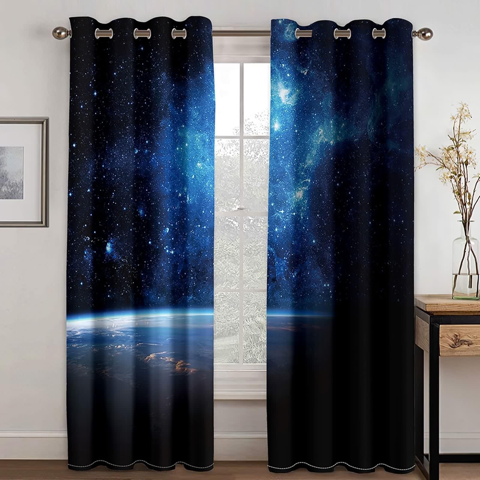 Rideau Cuisine Long, Rideau Anniversaire Noir Bleu Polyester Galaxie Décoration pour Fenêtre 96L x 183H CM Lot de 2
