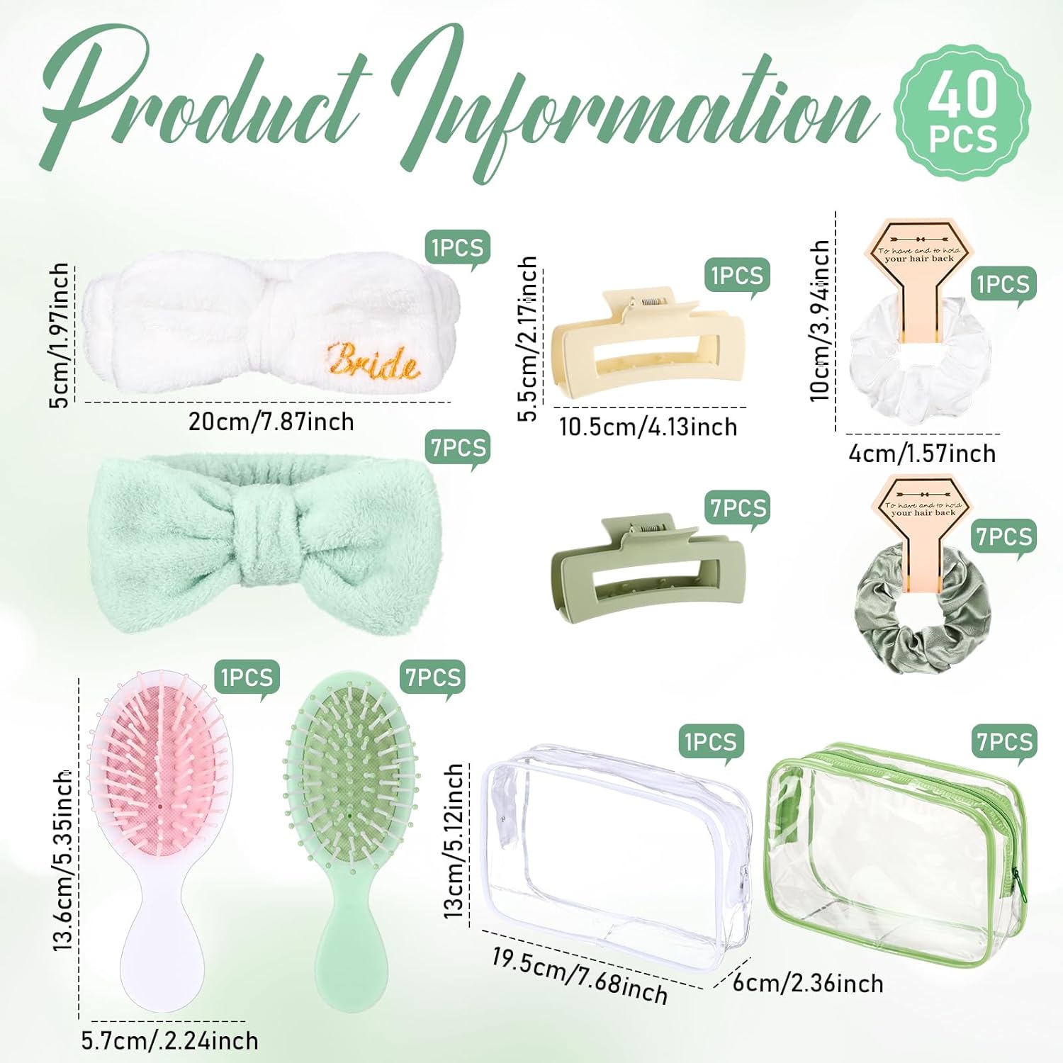 40 Pcs Bachelorette Favor Set Include Headband Scrunchies Hair Claw Clips Hairbrush and Makeup Bag for Bridal Shower Party Gifts Bridesmaid Wedding Supplies (White and Green)