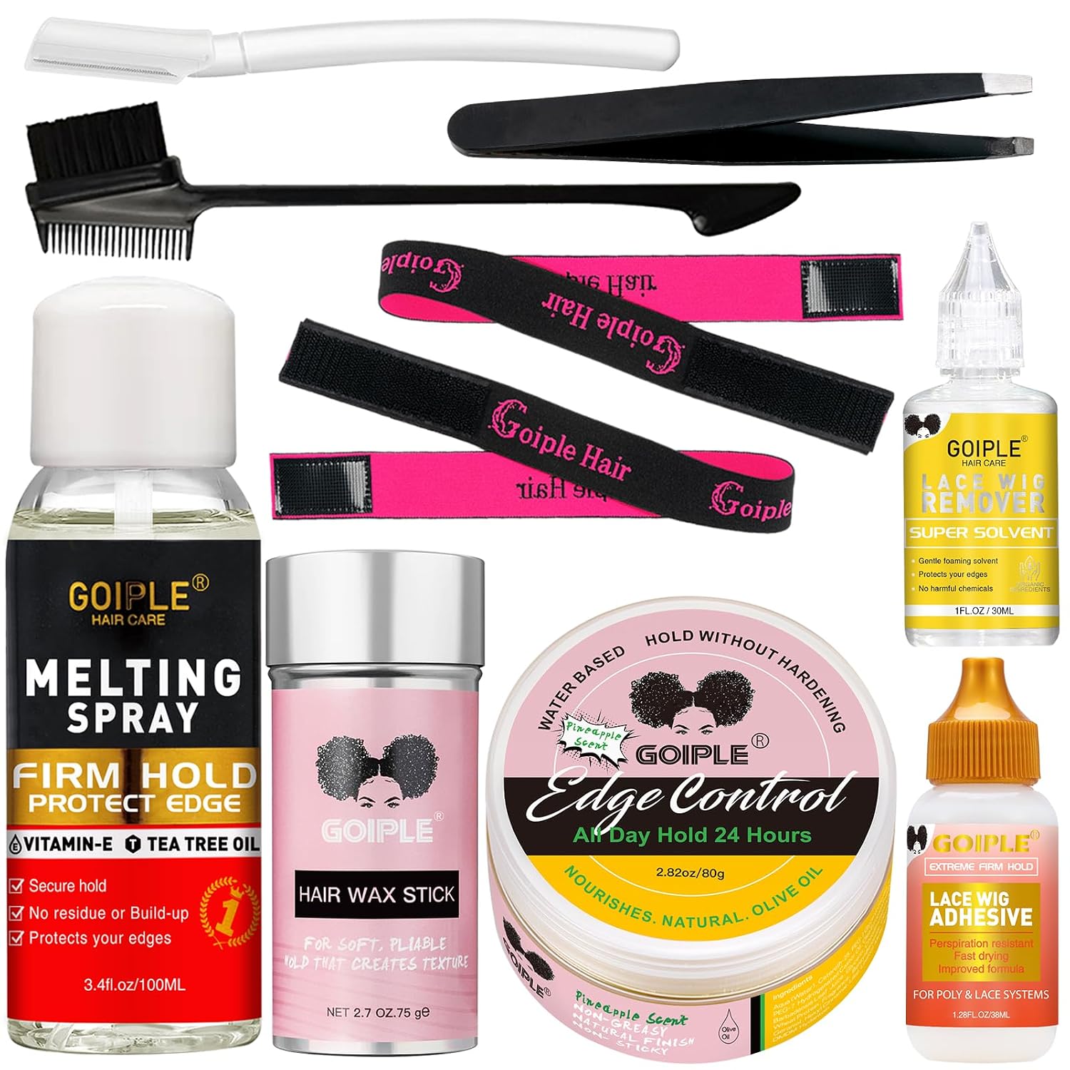 Wig Glue for Front Wigs Adhesive for Closure Wigs Extensions - Lace Melting Spray for Wigs Lace Front Hair Glue Tools with Remover Hair Wax Stick Edge Control Wig Cap Edge Comb Elastic Bnad Set