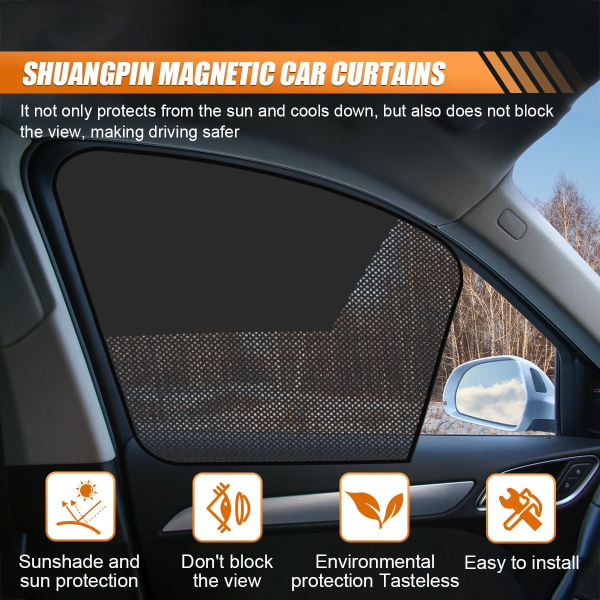 Car Front & Rear Side Window Sunshade, Magnetic Automotive Windshield Privacy Curtain with Half Shade, Mesh Sun Protection Cover Blocks Heat, Glare, UV Rays for Driver Passenger (4PCS)