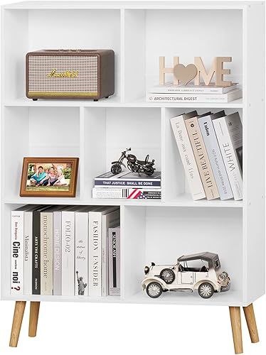 YAHARBO Estantería blanca, estante para libros de 3 niveles con patas, estantería minimalista de 7 cubos, organizador de almacenamiento, estantes de