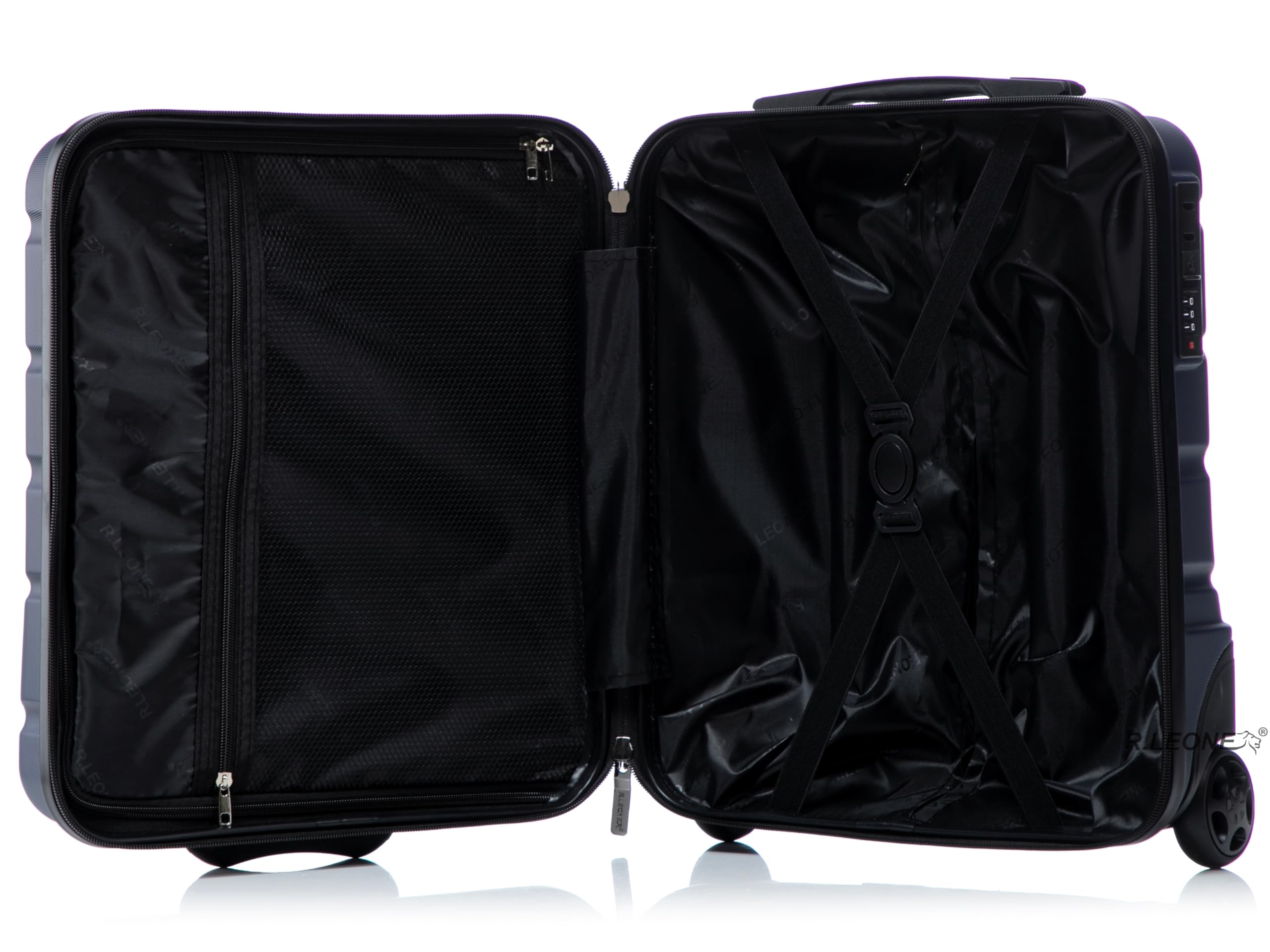 R.Leone Valigia da 1 Fino a Set 4 Trolley Rigido grande, medio, bagaglio a mano 55x40x23 cm Wizz, ITA Airways e bagaglio 45x36x20 cm EasyJet in ABS 8001 (Blu, Set 4 Pezzi XS S M L)