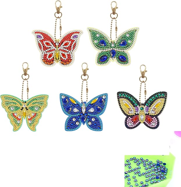 5 Pcs DIY Diamond Painting Keychain, DKDDSSS 5D Diamond Painting Keychain, DIY Art Craft Cute Full Drill Key Rings Decorative Painting Pendant Kits for Children Adults, Butterfly Shape