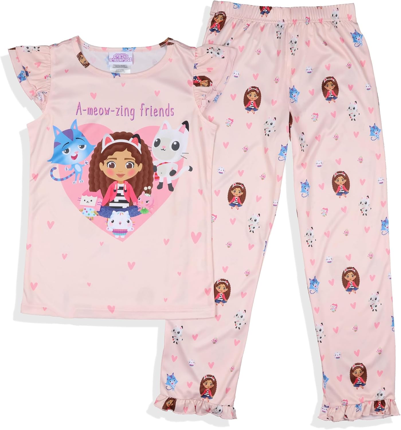 INTIMO Gabby's Dollhouse Girls' A-Meow-Zing Friends 2-Piece Ruffle Short Sleeve Pant Pajama Sleep Set - Image 3