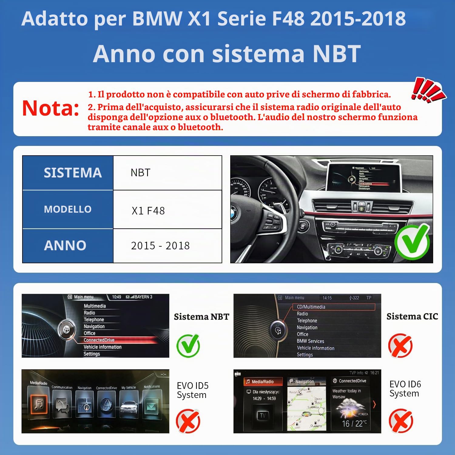 Road Top Autoradio CarPlay 12,3" per BMW Serie X1 F48 con NBT 2015-2018