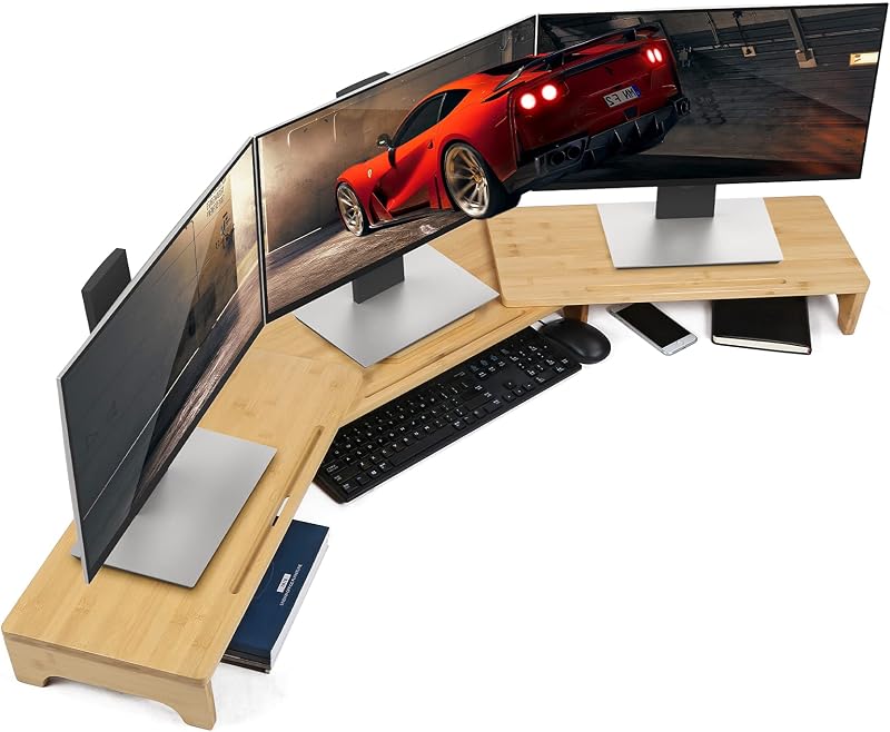 Nnewvante Monitor Stand Riser Soporte de monitor dual de bambú de 60 pulgadas para escritorio | Ángulo de longitud ajustable, elevador de pantalla de escritorio de 3 estantes, para computadora, computadora portátil y PC