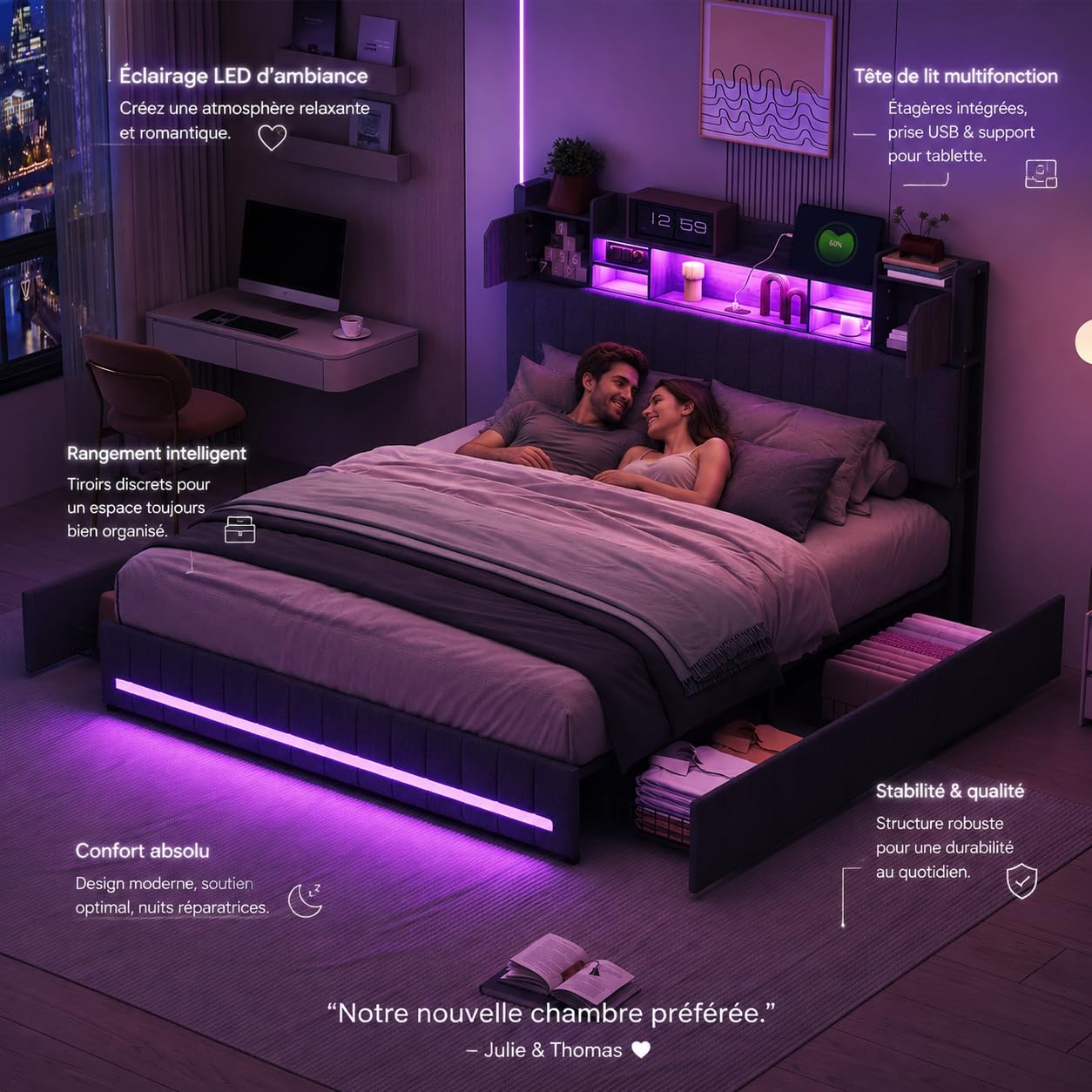 LONELYO Lit Coffre 160x200 avec Sommier LED et USB, Tête de Lit Capitonnée en Bois, Cadre en Lin Moderne, 4 Tiroirs Coulissants, Gris