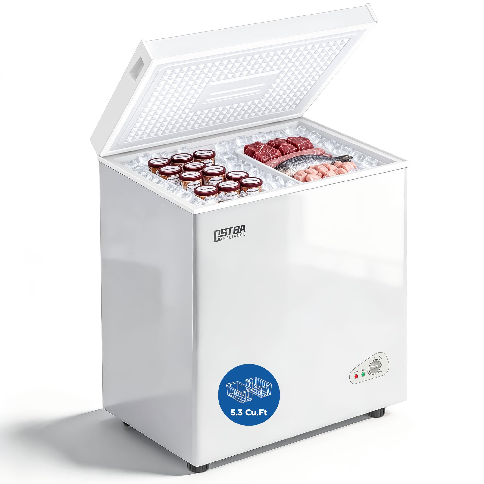 OSTBA 5.3 Cu.Ft Chest Freezer, Large Capacity Deep Freezer with 2 Removable Baskets, Bottom Wheels, 6-Level Temperature Control with Fast Freeze Mode, Energy Saving Quiet Freezer, White