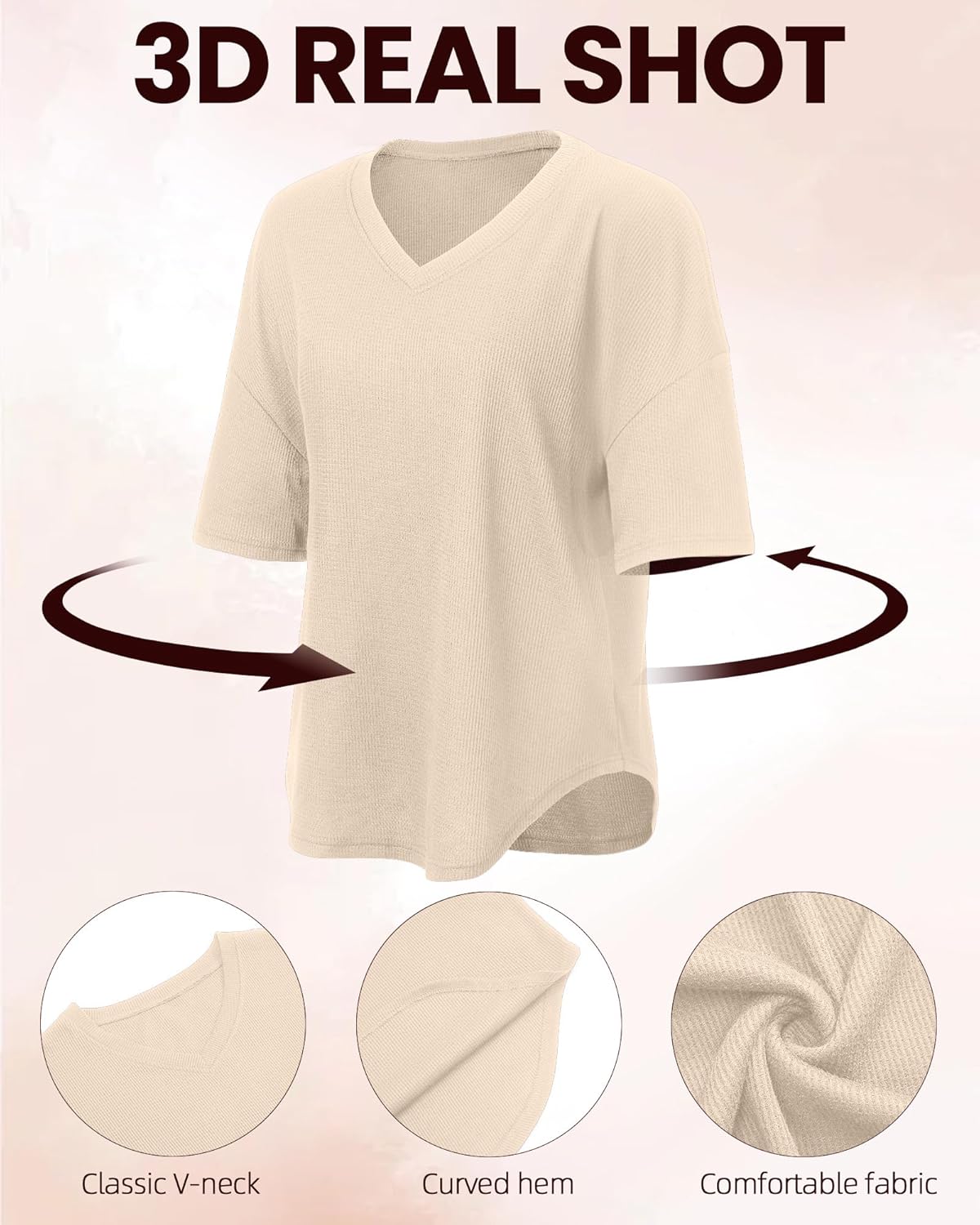 Huukeay 3 Pack Oversized Waffle Knit Tops for Women V Neck Half Sleeve Shirts Casual Drop Shoulder Tunic Top Blouses - Image 5