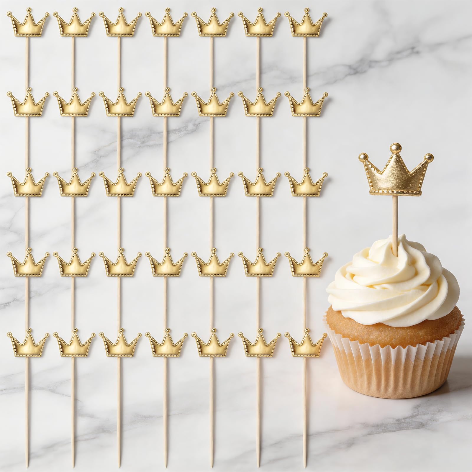 50PCS Gold Crown Cake Toppers, PU Princess Party Decorations, Elegant Cupcake Toppers for Adult Birthday, Anniversary Celebrations