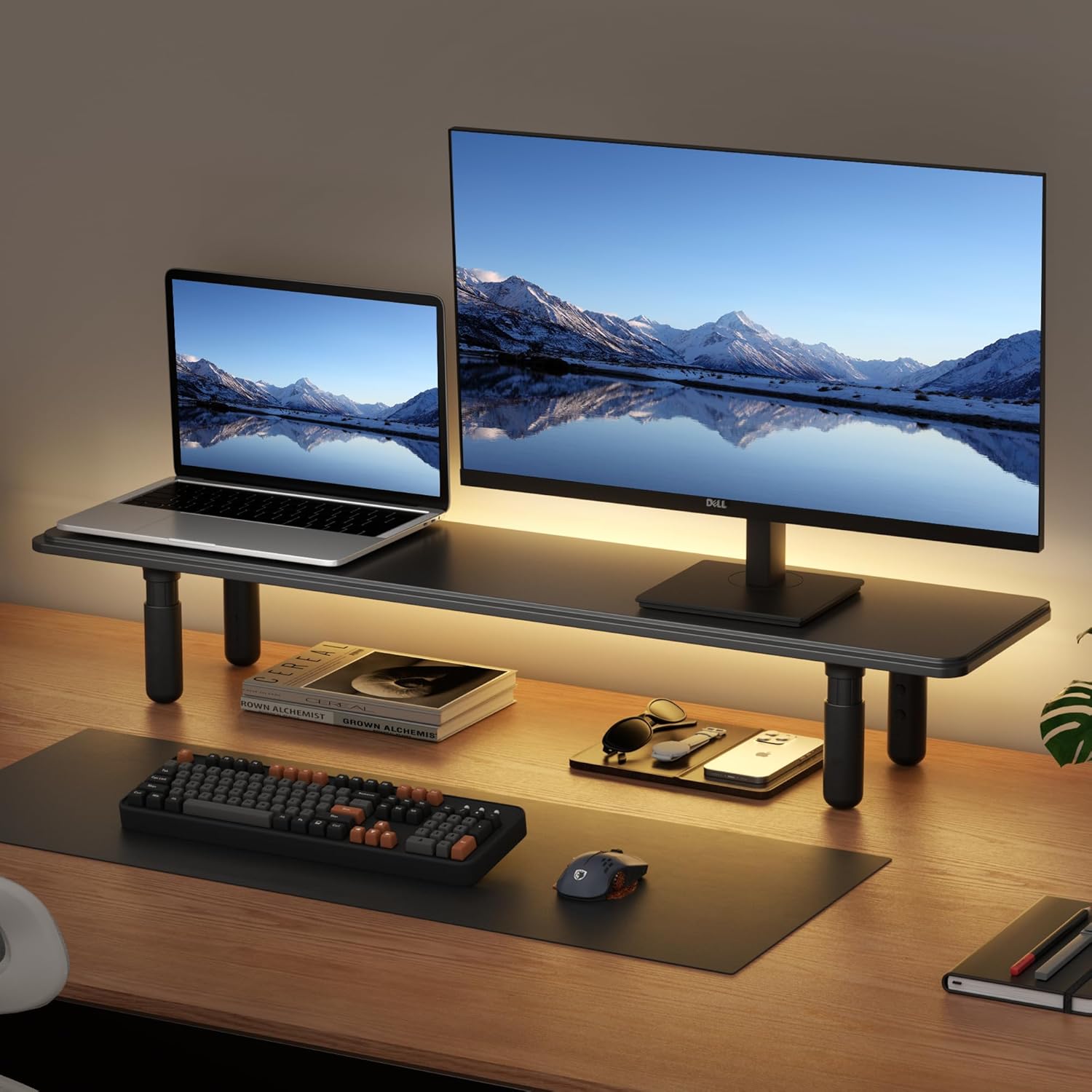 Dual Monitor Stand for Desk, Adjustable Height Wood Computer Riser, Ergonomic Monitor Shelf for Laptop, Printer, TV, Black - Large Storage Space, Sturdy Desk Organizer for Home & Office,Black