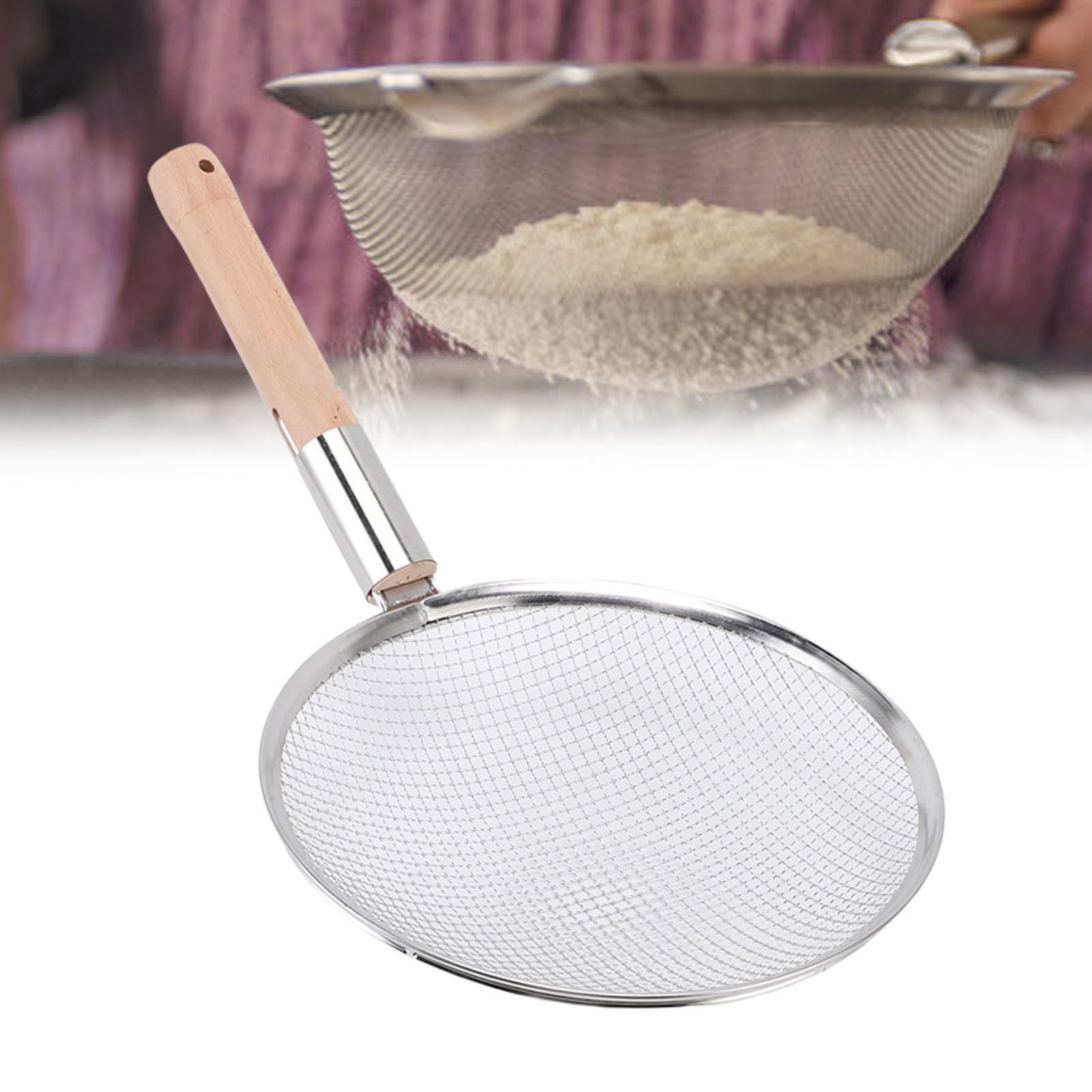 Yosoo Health Gear Cucchiaio per Schiumarola, Colino per Alimenti a Maglia Fine in Acciaio Inossidabile con Manico in Legno, Manico da 10 Pollici, Filtri Olio e impurità, Impugnatura Resistente Al