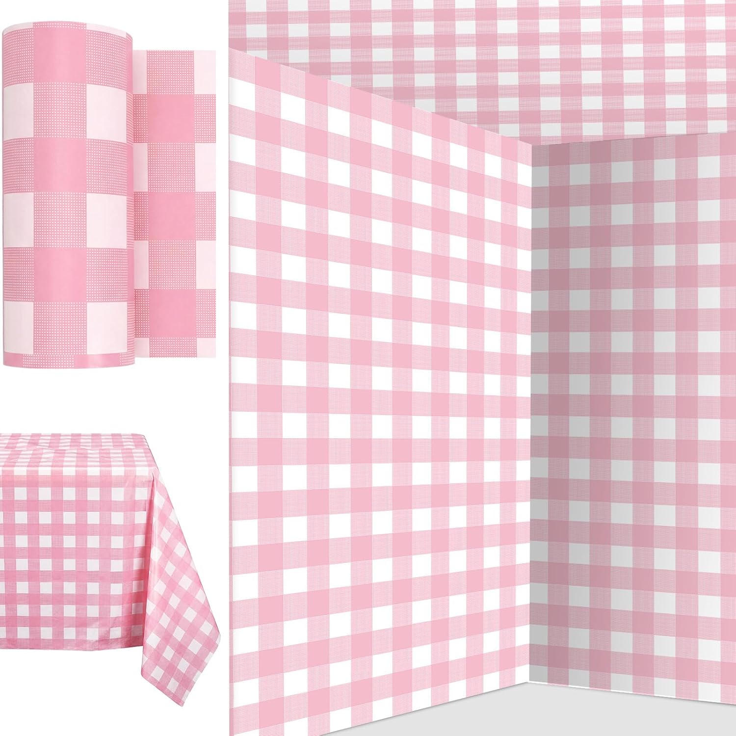 Ctosree 78.7 in x 100 ft Pink and White Checkered Tablecloth Roll Plastic Table Cover Disposable Gingham Table Cloth for Picnic BBQ Summer Wedding Birthday Party Supplies(Pink and White)