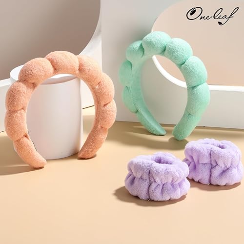 Miniatura 2 de oneleaf Diadema facial de spa, diadema de esponja para niñas, para el cuidado de la piel, acolchada, de microfibra suave, para spa, muñequera, para