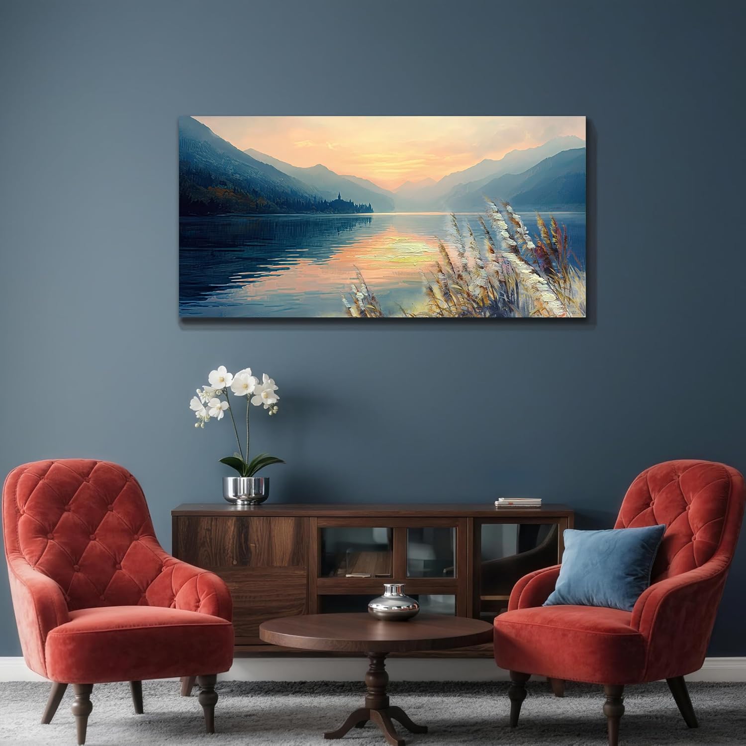 Anolyfi Lake View Wall Art 48"x24", Misty Mountain Scenery Forest Art Wall Decor, Tranquility Landscape Oil Paintings Artwork for Living Room Home Dining Room Office Bedroom