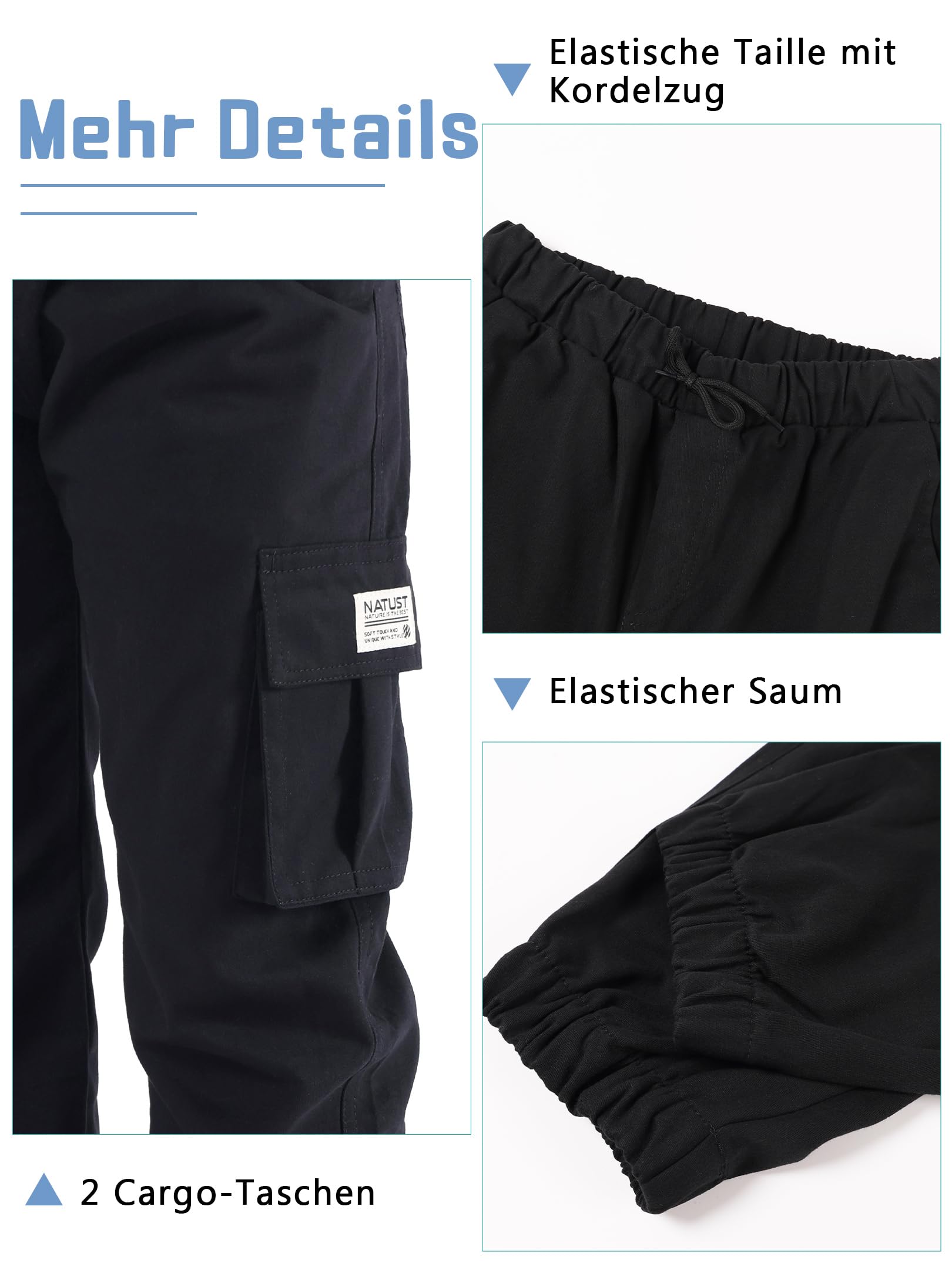 NATUST Jungen Cargohose Kinder Freizeithose mit Elastischem Bund