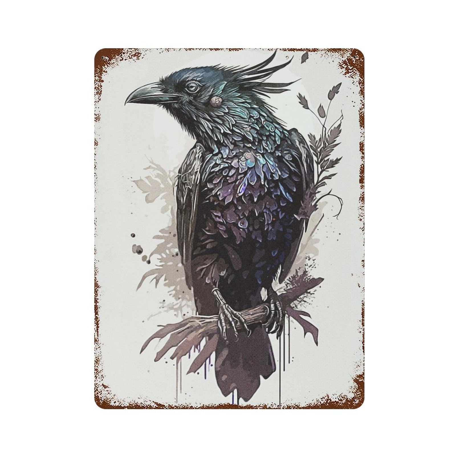 Crow Drawing 15.7"x11.8" Vintage Rust Metal Sign, Shabby Chic Decor for Garage, Bar And Workshop Decor