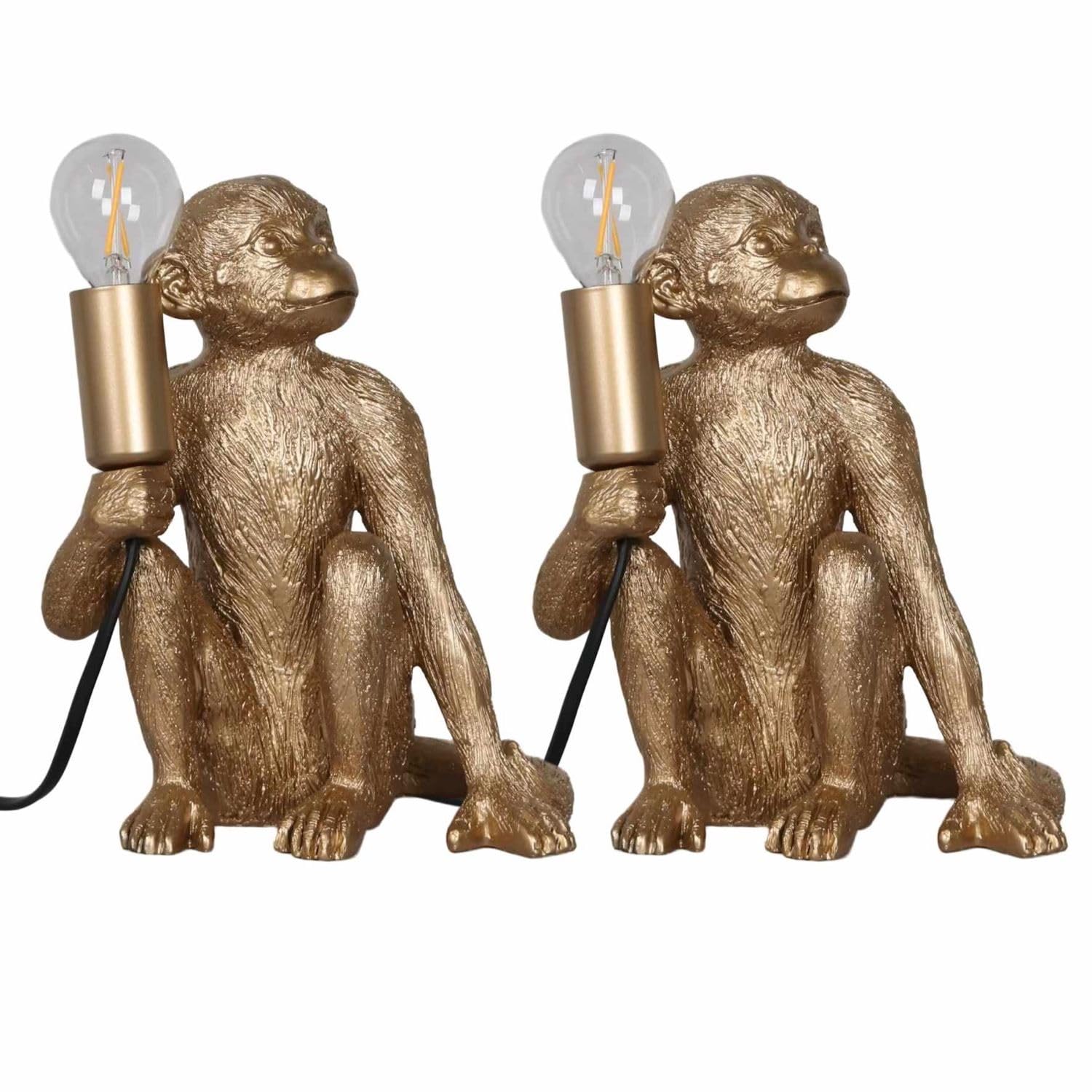 Firstchoicelighting Gold Set Of 2 Monkey Holding Bulb Table Lamps Or Bedside Lights, Resin Animal, Height 21.5 Cm, Led Compatible
